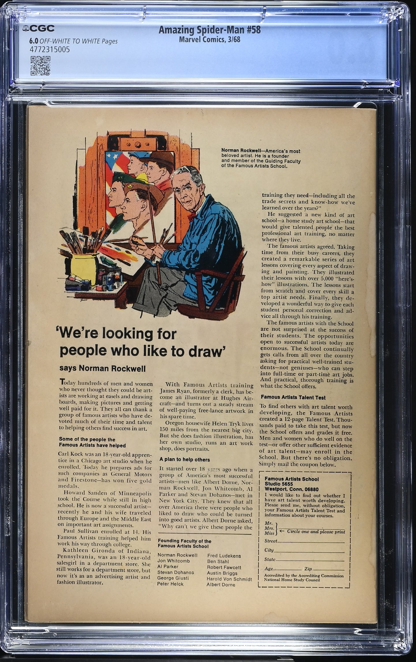 1968 Marvel Amazing Spider-Man #58 Graded Comic Book CGC 6.0 Professor Spencer Smythe Cover