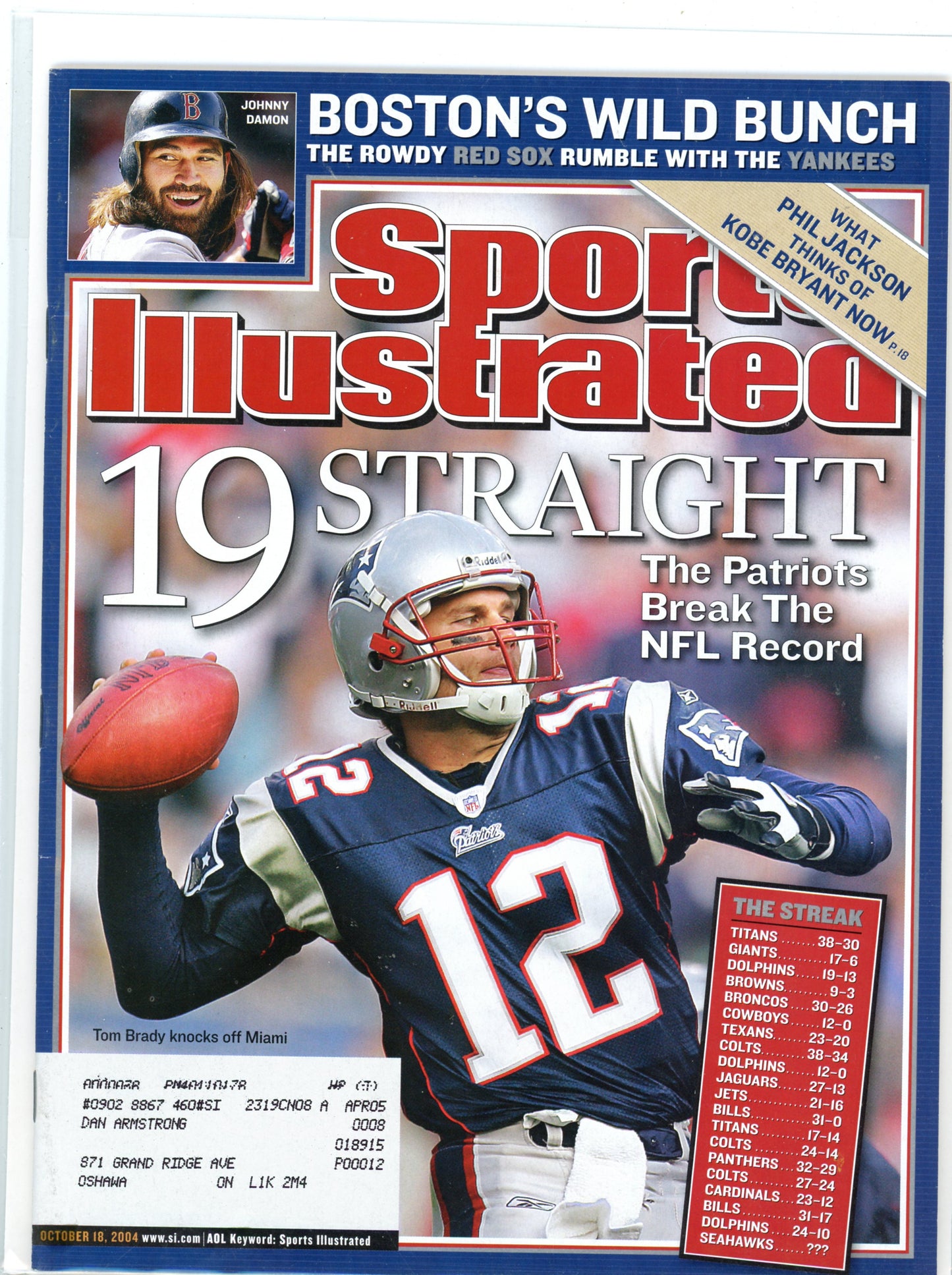 Sports Illustrated Vintage Magazine (October 18, 2004) Tom Brady 19 Straight Subscription