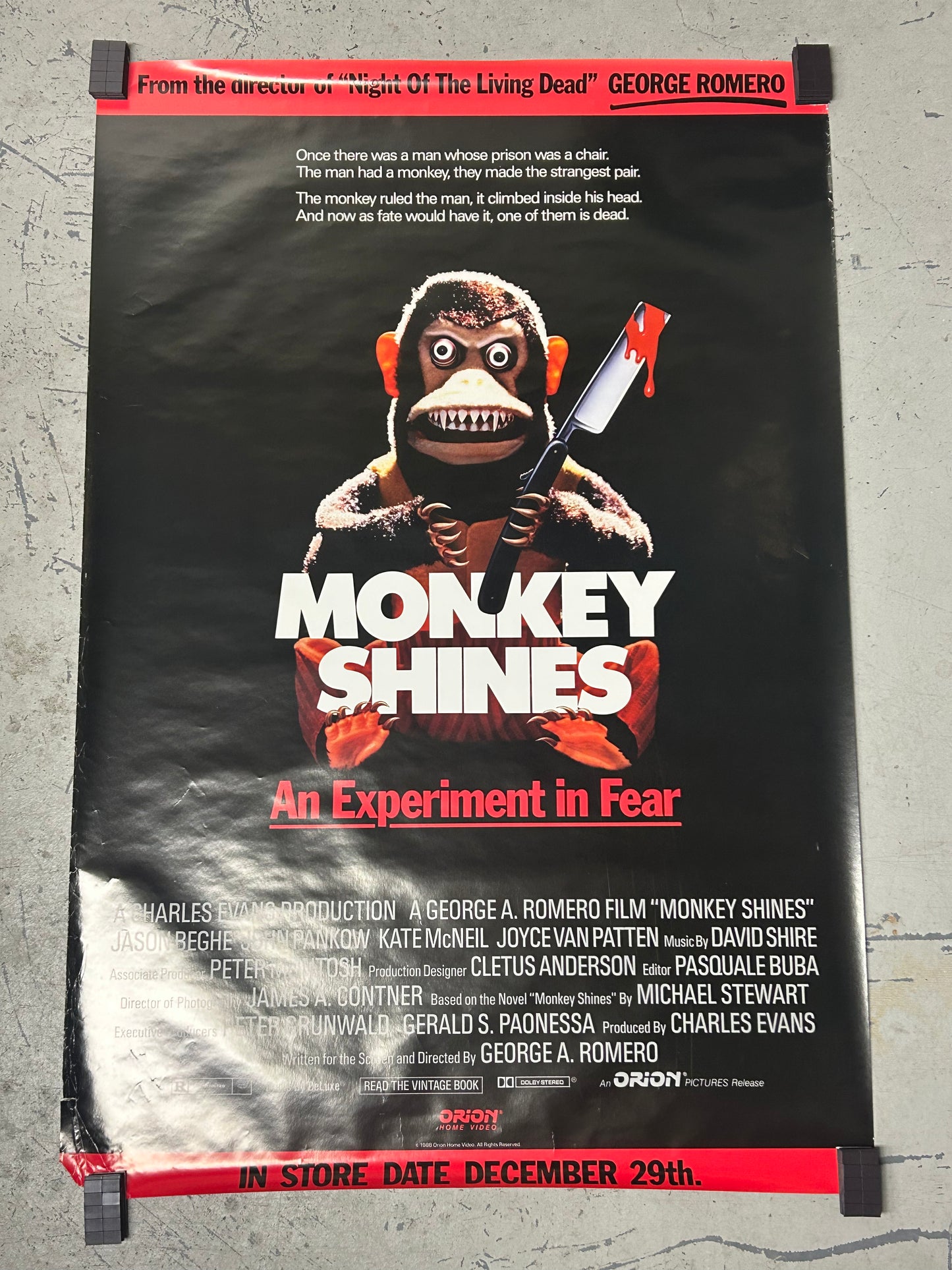 Monkey Shines (1988) Original Vintage Movie Poster VG-EX Condition
