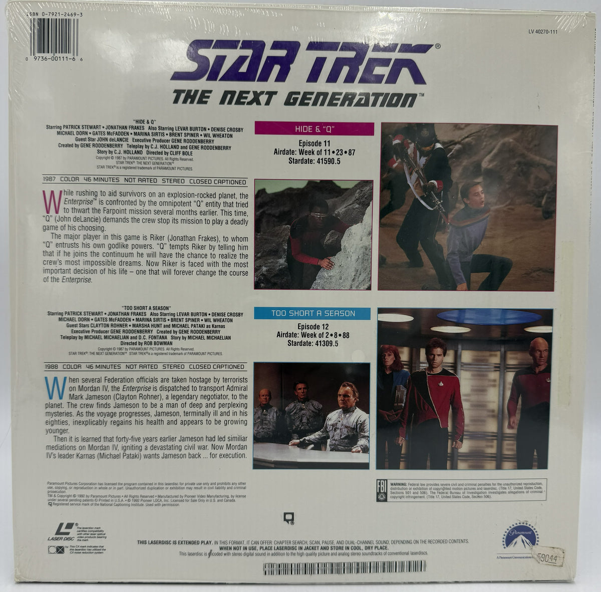 Star Trek: The Next Generation (1992) - Hide & "Q" / Too Short a Season LaserDisc - Paramount - SEALED