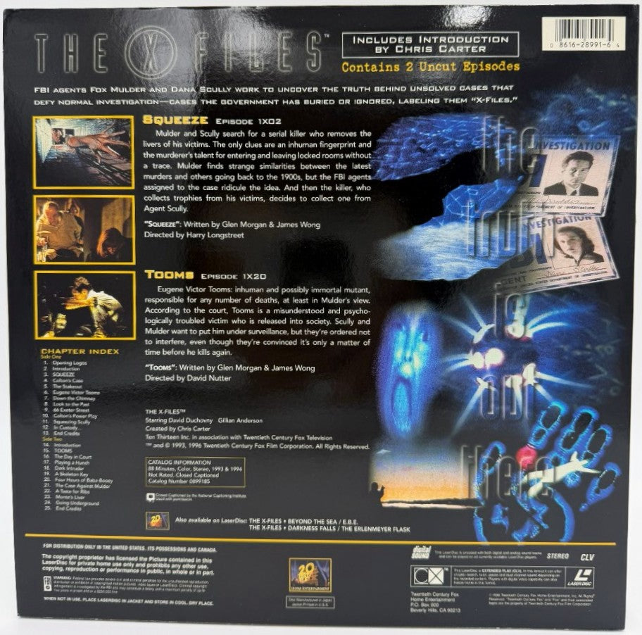 The X-Files (1996) - Squeeze / Tooms LaserDisc - David Duchovny, Gillian Anderson - Fox Video - VG