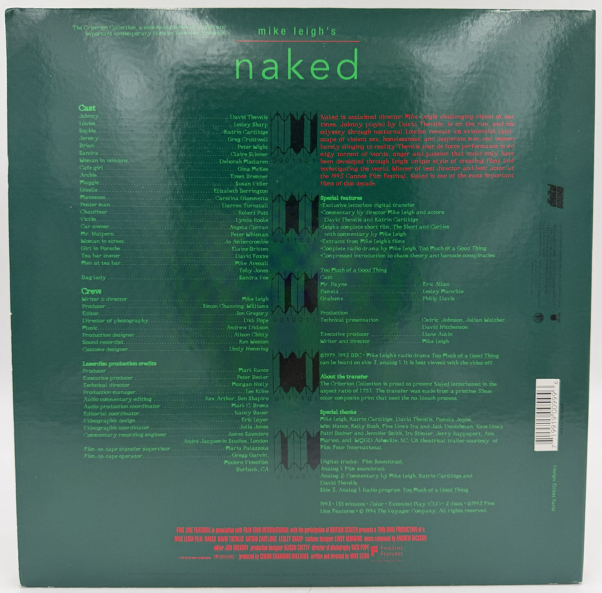 Naked (1993) Criterion Collection LaserDisc - David Thewlis - Mike Leigh - EX