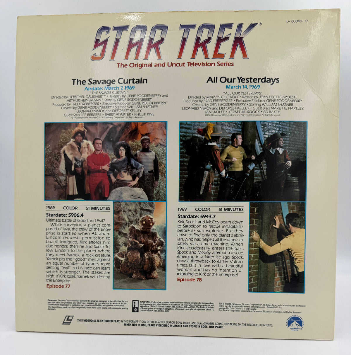 Star Trek: The Original Series – "The Savage Curtain" / "All Our Yesterdays" (1969 / 1988) Standard Edition – LaserDisc - VG+