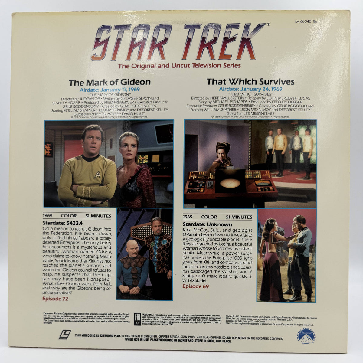 Star Trek: The Original Series – "The Mark of Gideon" / "That Which Survives" (1969 / 1988) Standard Edition – LaserDisc - VG+