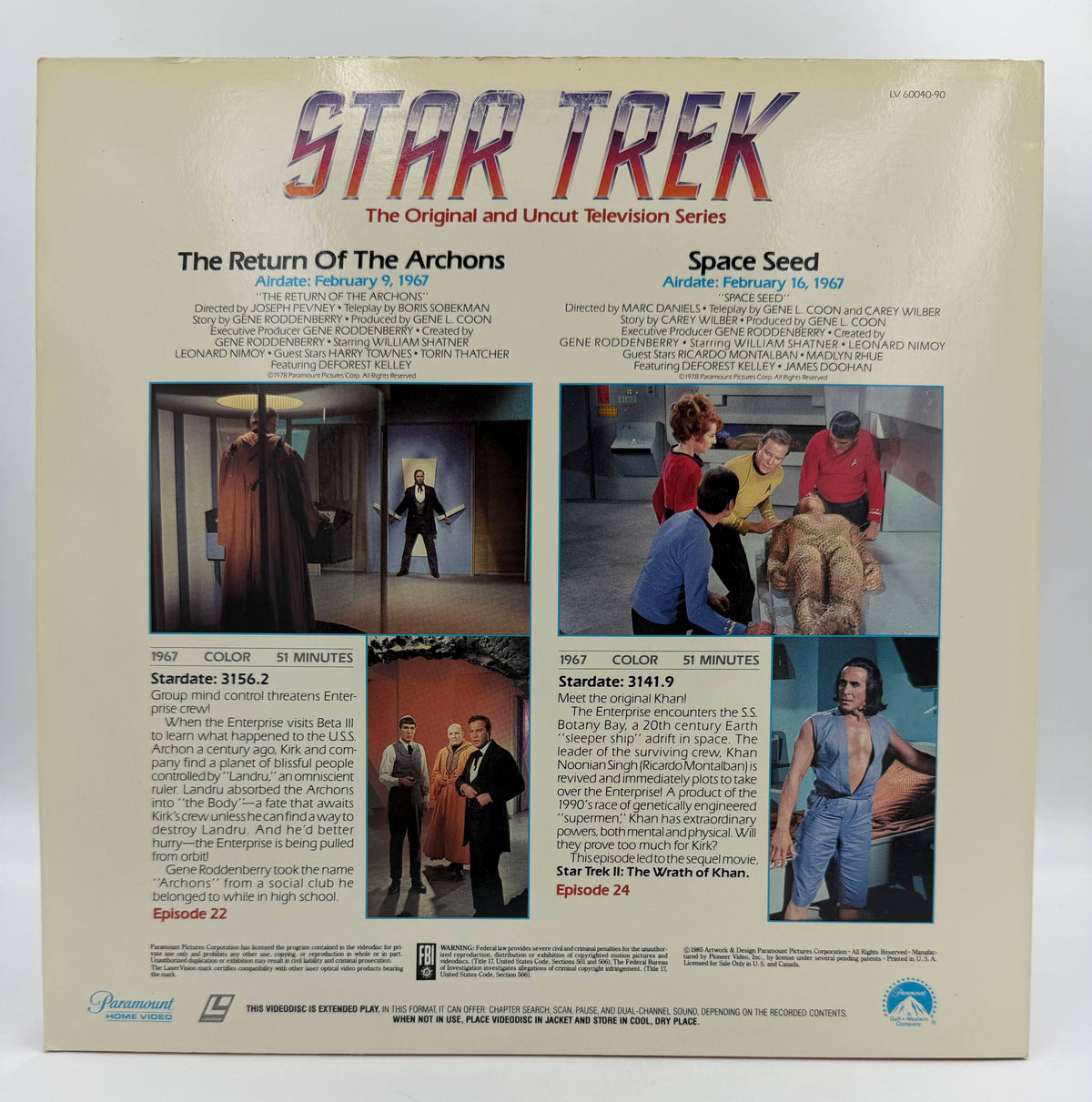 Star Trek: The Original Series – "The Return Of The Archons" / "Space Seed" (1967 / 1985) Standard Edition – LaserDisc - VG+