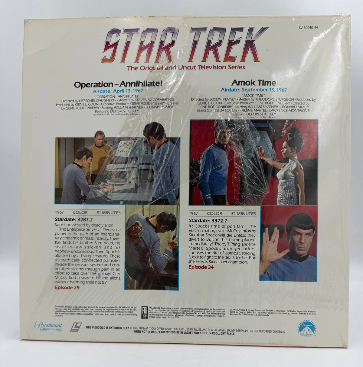 Star Trek: The Original Series – "Operation - Annihilate!" / "Amok Time" (1967 / 1985) Standard Edition – LaserDisc - VG+