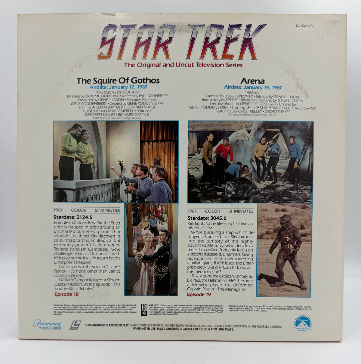 Star Trek: The Original Series – "The Squire Of Gothos" / "Arena" (1967 / 1985) Standard Edition – LaserDisc - VG+