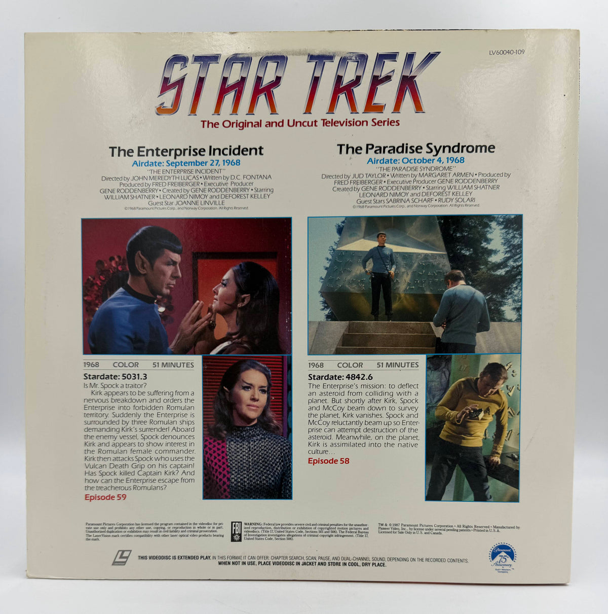 Star Trek: The Original Series – "The Enterprise Incident" / "The Paradise Syndrome" (1968 / 1987) Standard Edition – LaserDisc - VG