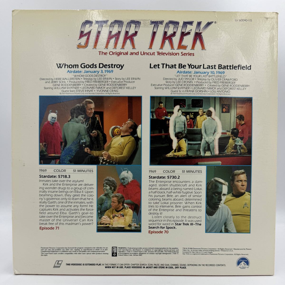 Star Trek: The Original Series – "Whom Gods Destroy" / "Let That Be Your Last Battlefield" (1969 / 1988) Standard Edition – LaserDisc - VG+