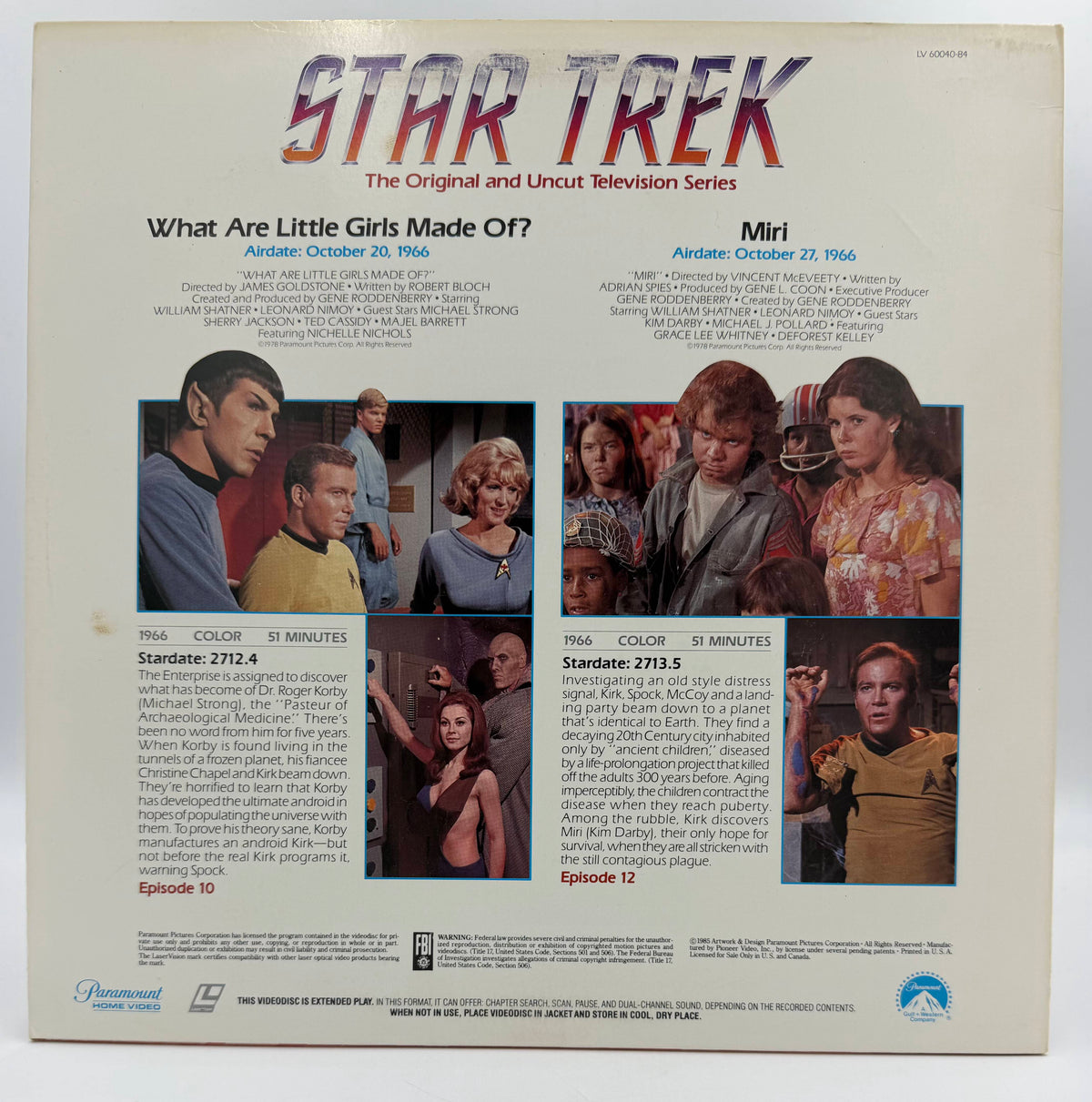 Star Trek: The Original Series – "What Are Little Girls Made Of?" / "Miri" (1966 / 1985) Standard Edition – LaserDisc - VG+
