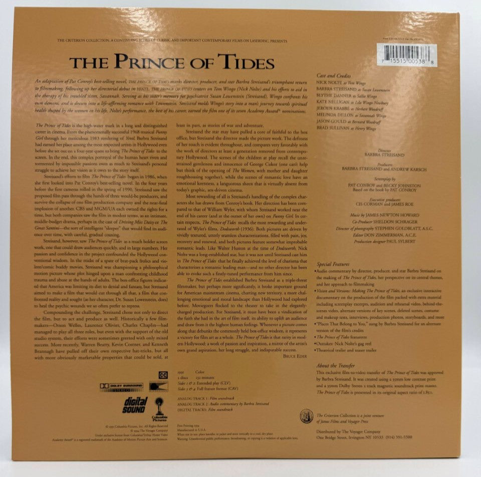 The Prince of Tides (1991 / 1994) The Criterion Collection Edition – LaserDisc - EX