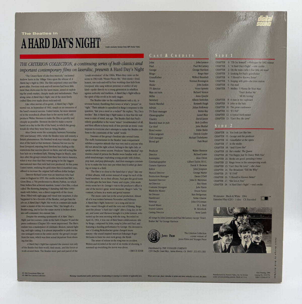 The Beatles in A Hard Day's Night (1964 / 1989) The Criterion Collection LaserDisc - EX