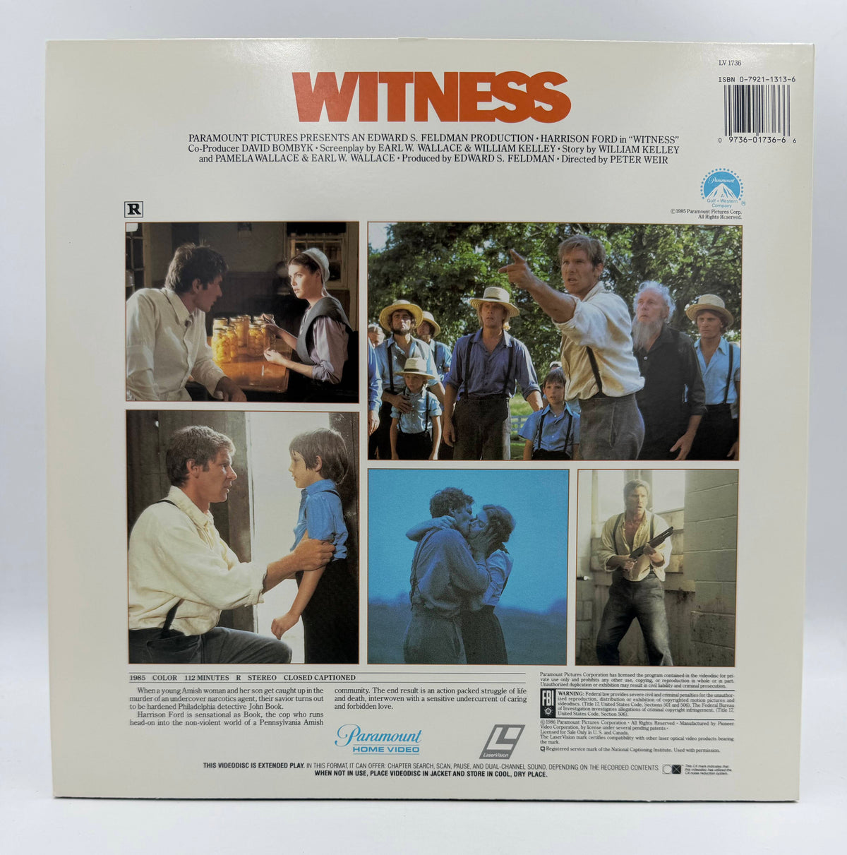 Witness (1985 / 1986) Paramount Home Video LaserDisc - EX