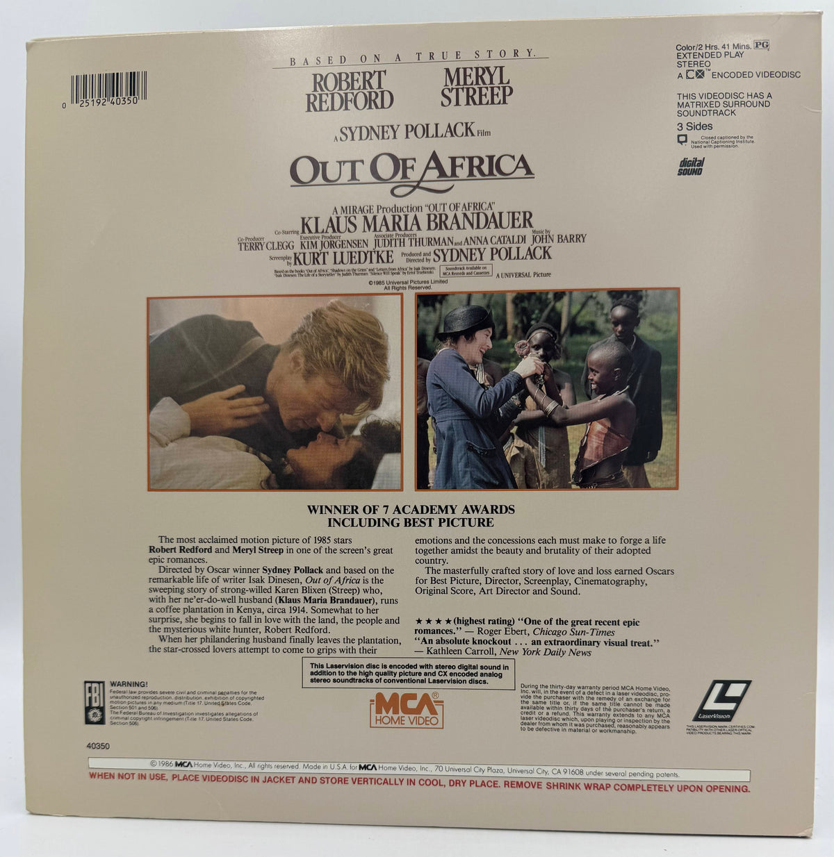 Out of Africa (1986) Winner of 7 Academy Awards 2-Disc LaserDisc Set - Meryl Streep, Robert Redford - MCA Home Video - EX