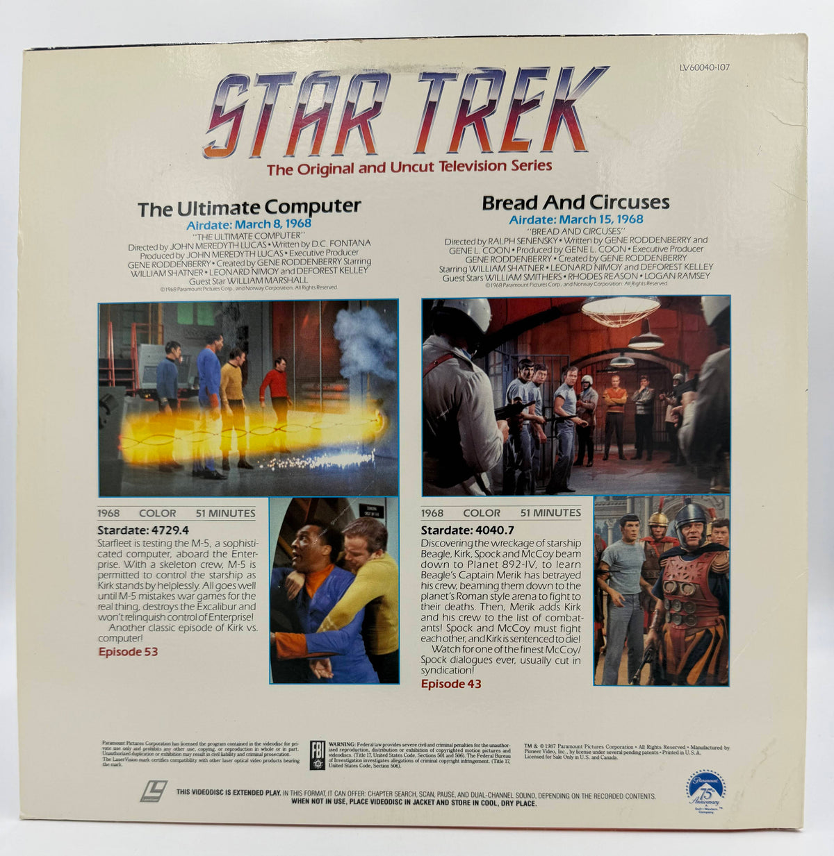 Star Trek: The Original Series (1987) - The Ultimate Computer / Bread And Circuses LaserDisc - Paramount Home Video - VG