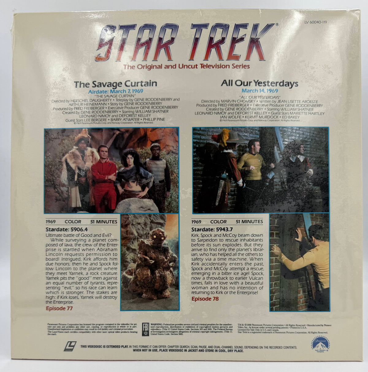 Star Trek: The Original Series (1988) - The Savage Curtain / All Our Yesterdays LaserDisc - Paramount Home Video – EX - Factory Sealed