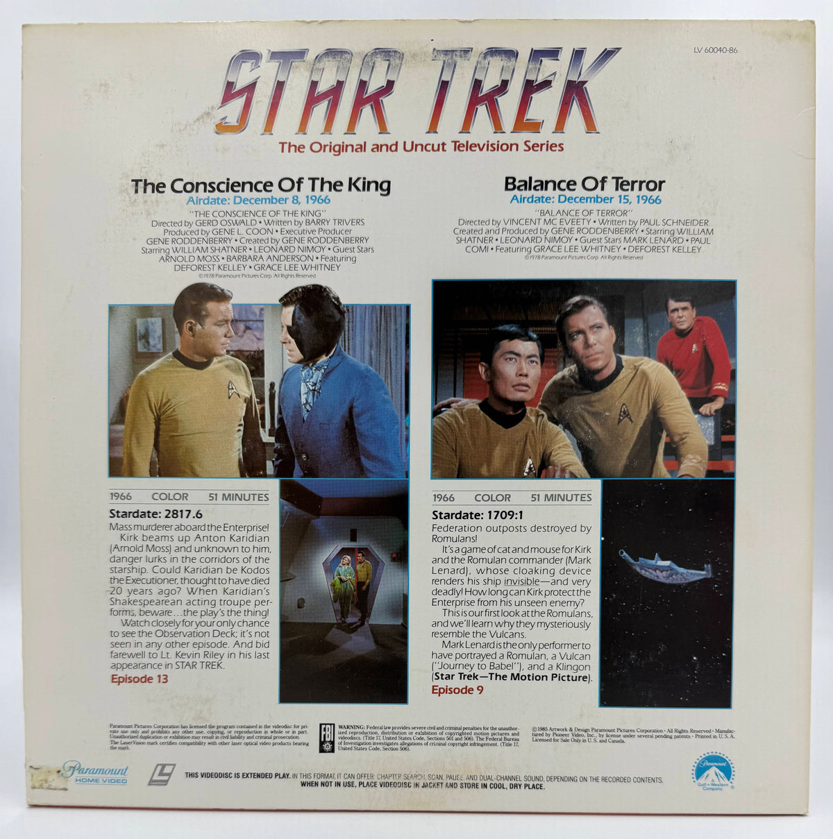 Star Trek: The Original Series (1985) - The Conscience Of The King / Balance Of Terror Laser Disc - Paramount Home Video - VG