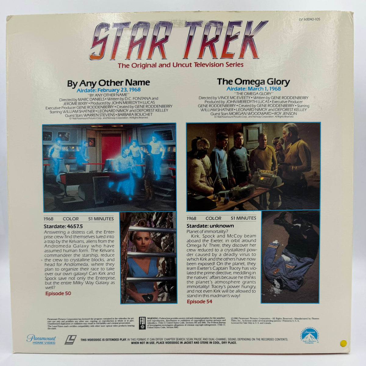 Star Trek: The Original Series (1986) - By Any Other Name / The Omega Glory LaserDisc - Paramount - EX