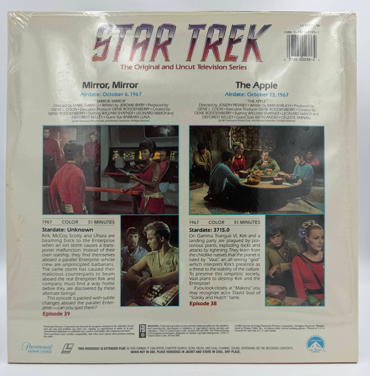 Star Trek: The Original Series (1985) Vintage LaserDisc - Mirror, Mirror / The Apple - Episodes 39 & 38 - Paramount - Factory Sealed