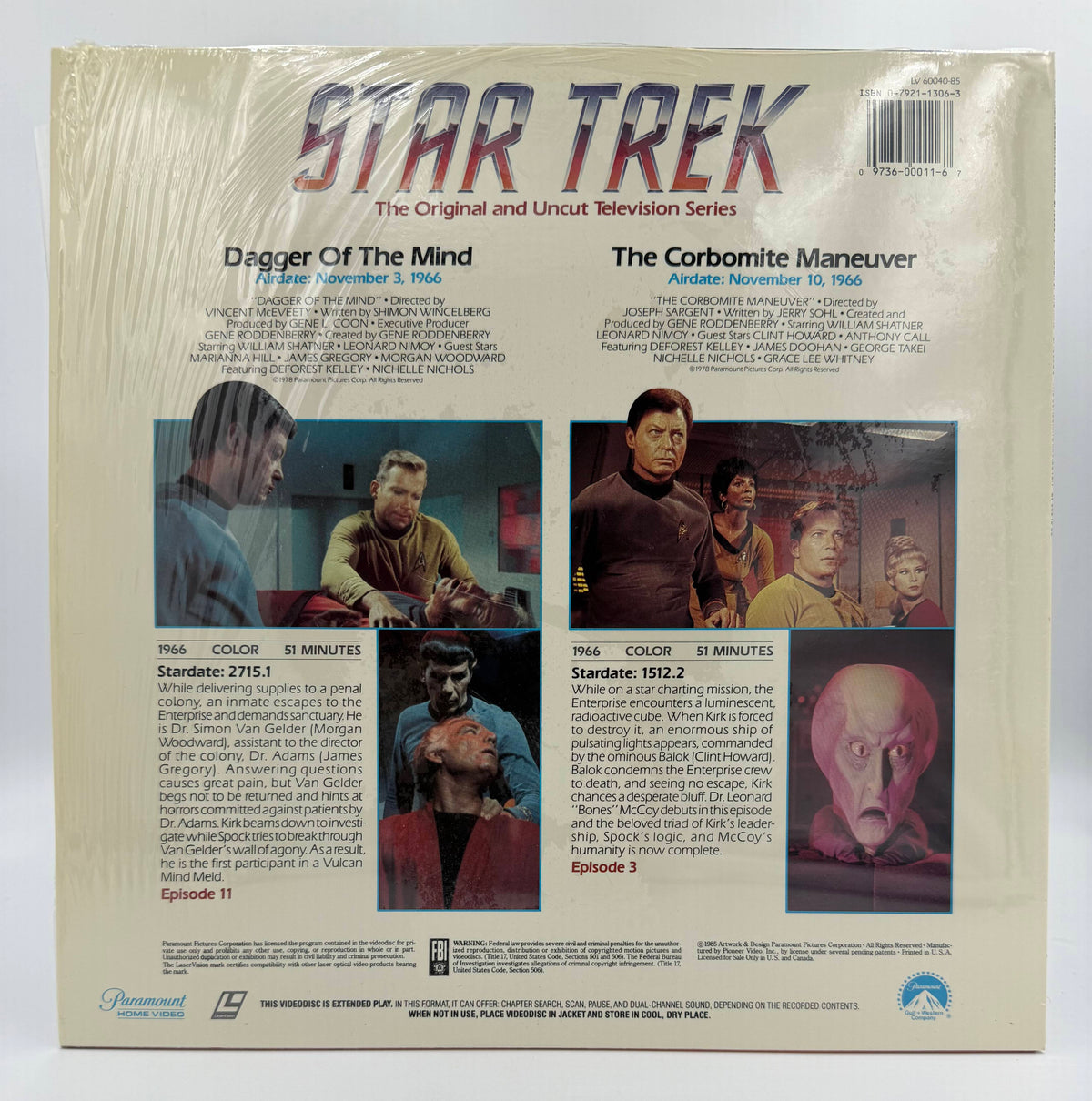 Star Trek: The Original Series (1985) Vintage LaserDisc - Dagger Of The Mind / The Corbomite Maneuver - Episodes 11 & 3 - Paramount - EX