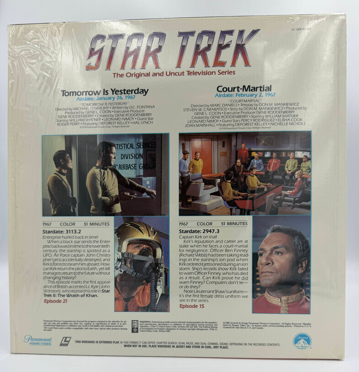 Star Trek: The Original Series (1985) Vintage LaserDisc - Tomorrow Is Yesterday / Court-Martial - Episodes 21 & 15 - Paramount - EX