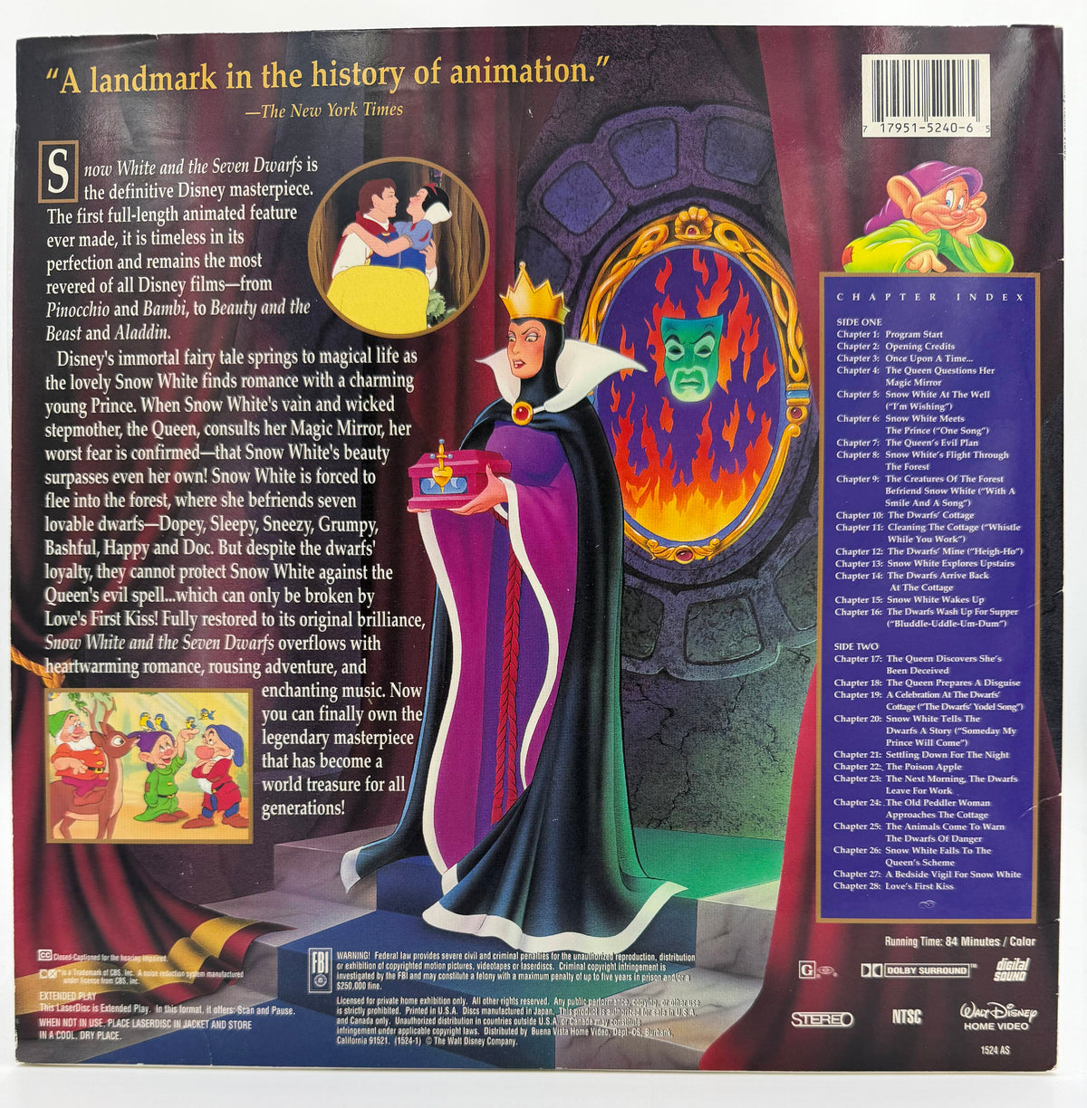 Snow White and the Seven Dwarfs Walt Disney's Masterpiece LaserDisc LD (1994) - Walt Disney Home Video - EX