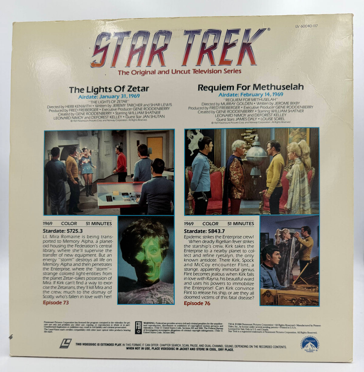 Star Trek: The Original Series Vol. 85 LaserDisc LD (1986) Episode 73 (The Lights Of Zetar) & Episode 76 (Requiem For Methuselah) - Paramount Home Video - EX