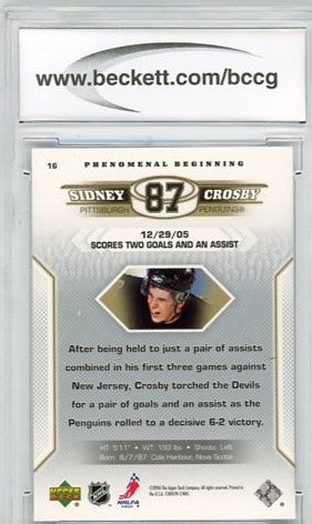 2005/06 Upper Deck Phenomenal Beginnings Sidney Crosby Graded Rookie Card #16 BCCG 9