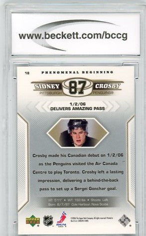 2005/06 Upper Deck Phenomenal Beginnings Sidney Crosby Graded Rookie Card #18 BCCG 9