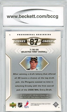 2005/06 Upper Deck Phenomenal Beginnings Sidney Crosby Graded Rookie Card #1 BCCG 9
