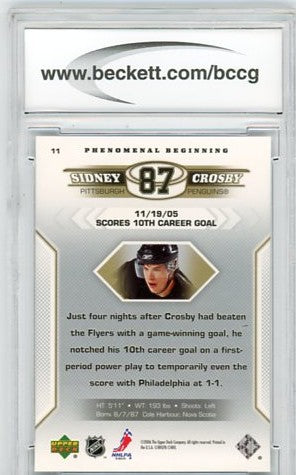 2005/06 Upper Deck Phenomenal Beginnings Sidney Crosby Graded Rookie Card #11 BCCG 9