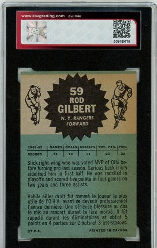 1962-63 Topps Rod Gilbert Graded Card #59 KSA 5.0