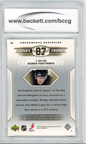 2005/06 Upper Deck Phenomenal Beginnings Sidney Crosby Graded Rookie Card #20 BCCG 9