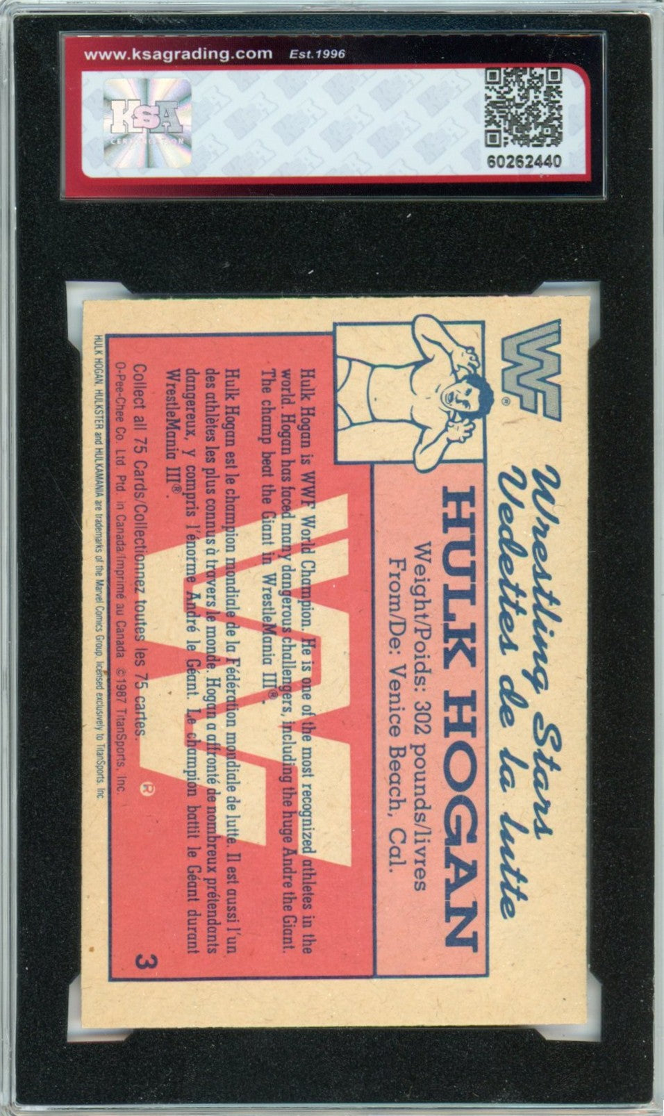1987 OPC O-Pee-Chee WWF Hulk Hogan Graded Card #3 KSA 7