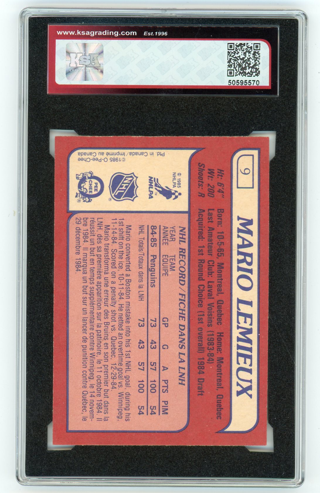 1985/86 O-Pee-Chee Mario Lemieux Graded Card #9 KSA 7
