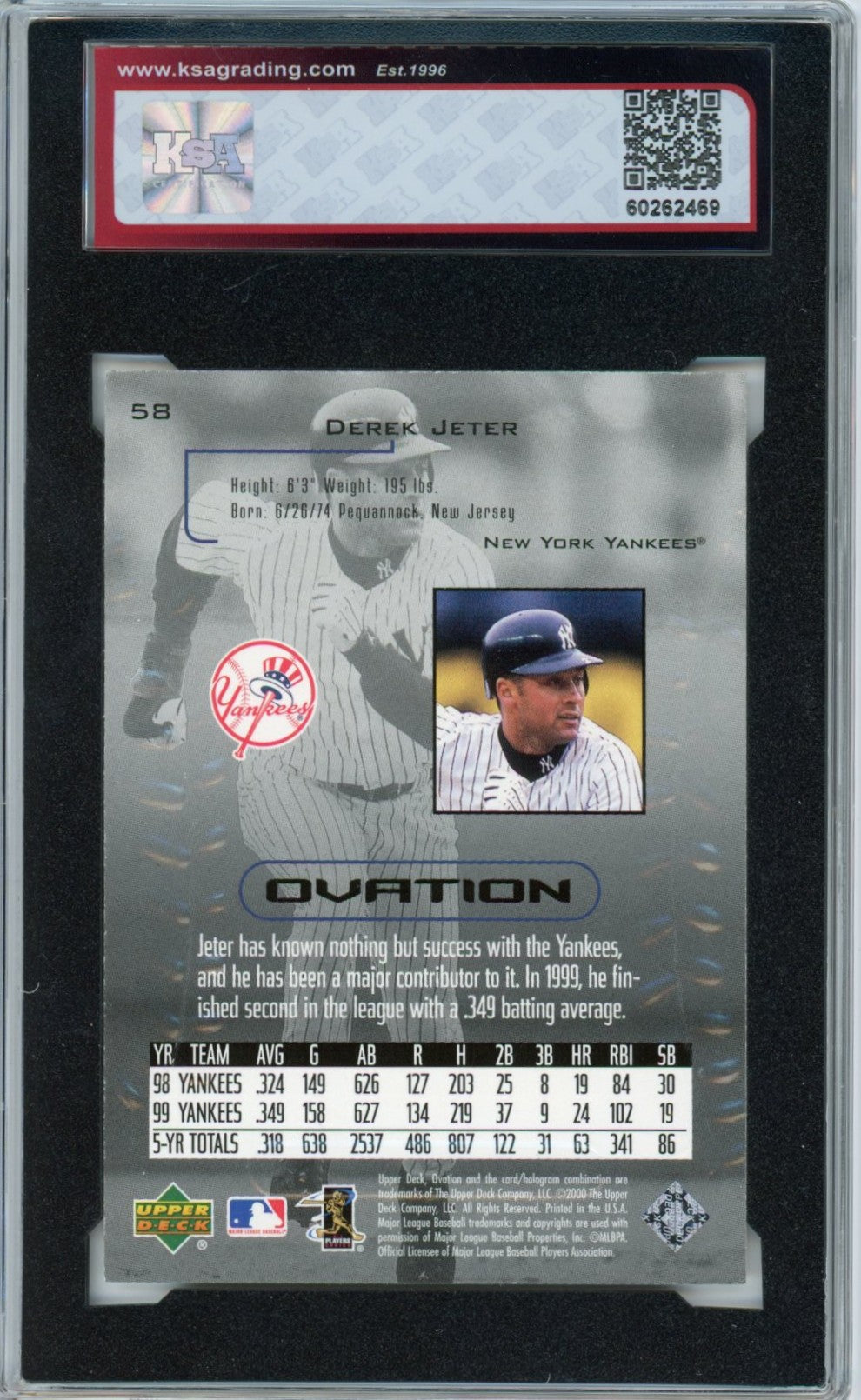 2000 Upper Deck Ovation Derek Jeter Graded Baseball Card #58 KSA 9