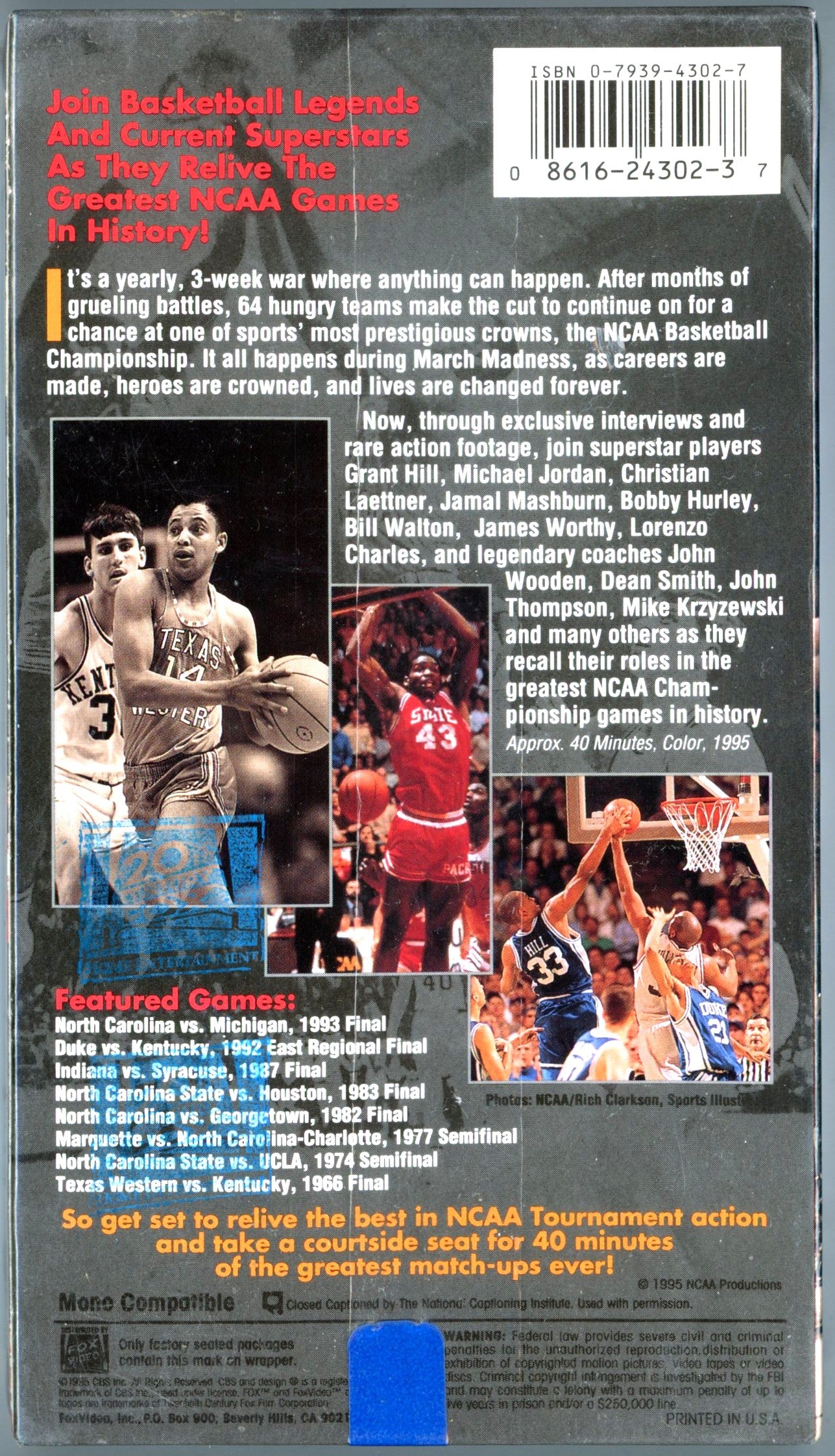 1995 March Madness Greatest Games NCAA Championships Vintage VHS Tape Sealed Michael Jordan Cover