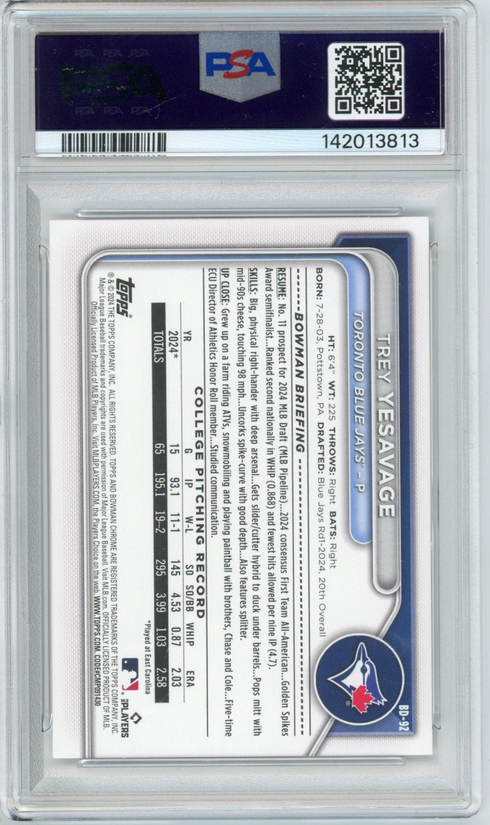 2024 Bowman Draft Trey Yesavage Graded Baseball 1st Bowman Rookie Card #BD92 PSA 10
