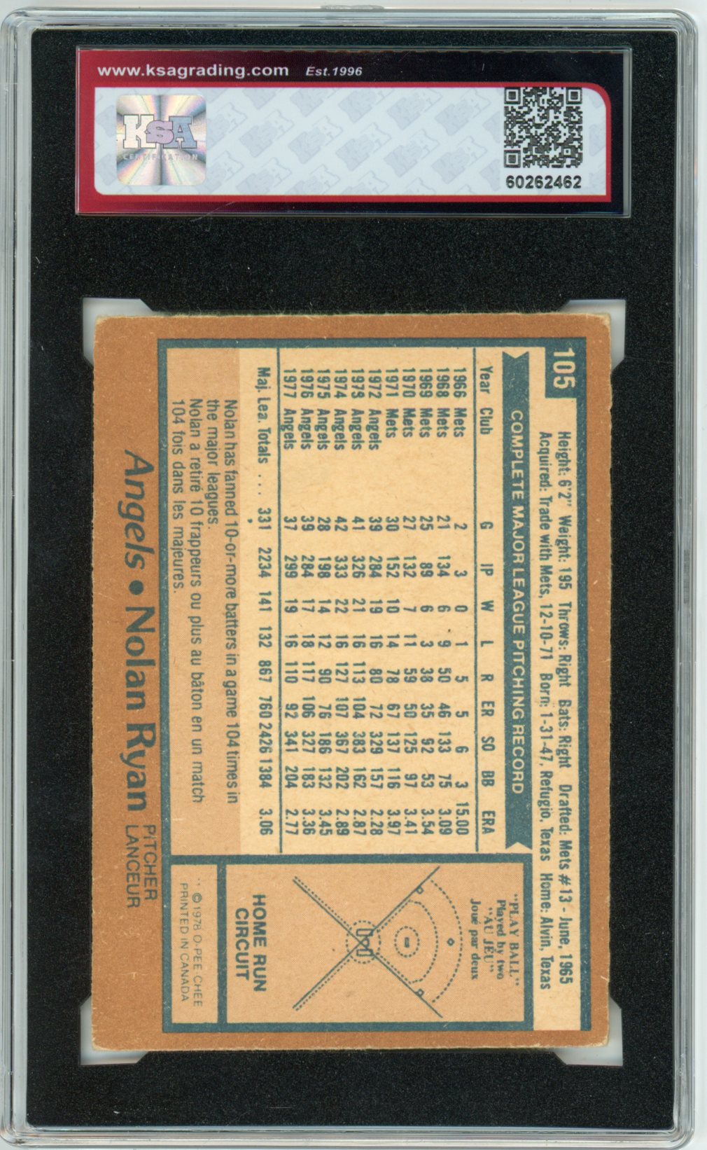 1978 OPC O-Pee-Chee Nolan Ryan Graded Baseball Card #105 KSA 3