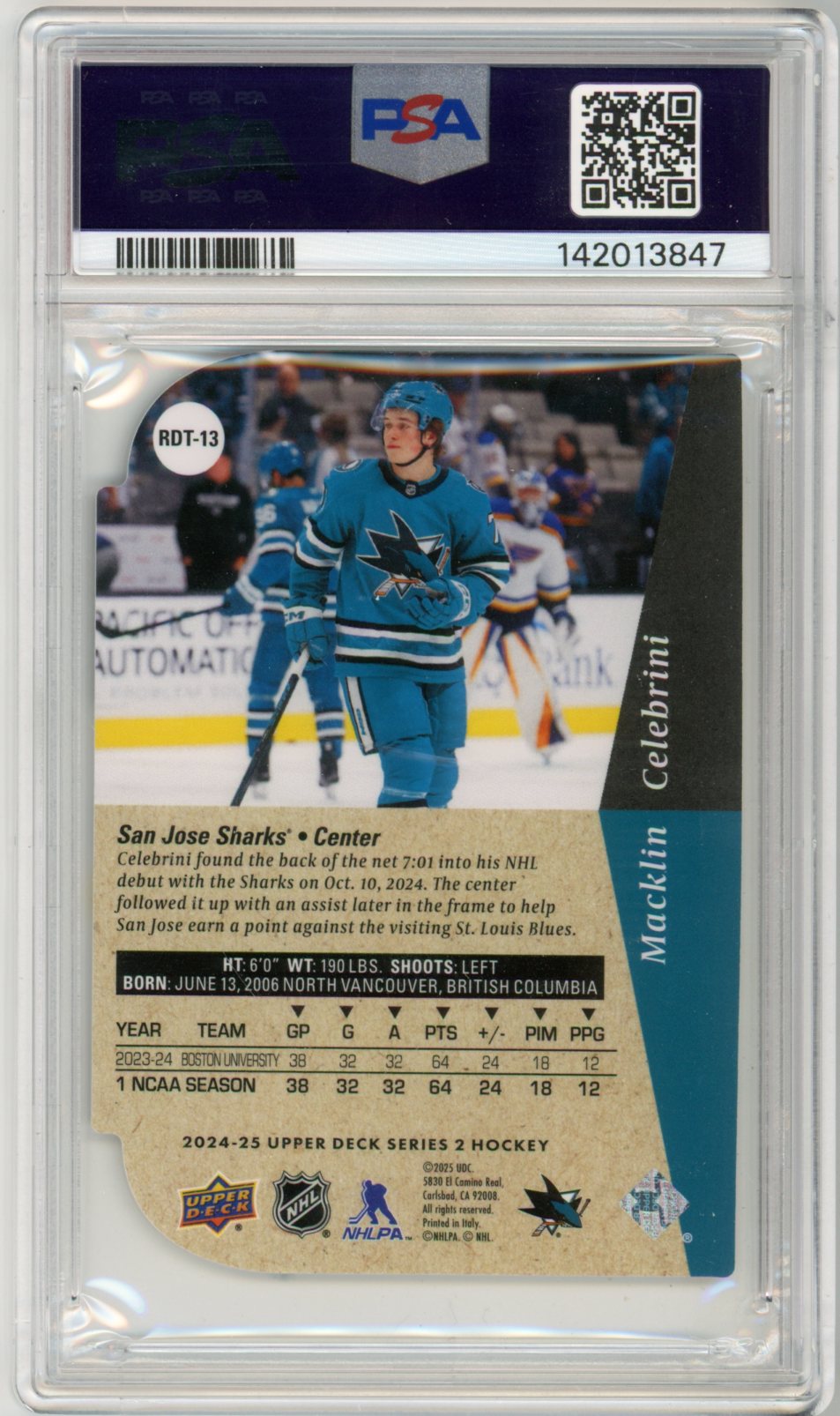 2024 Upper Deck Macklin Celebrini '94/95 Rookie Die-Cut Graded Hockey Card PSA 9