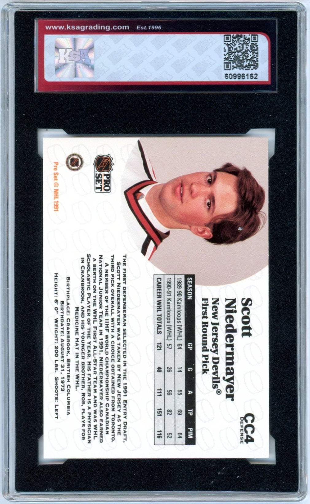 1991/92 Pro Set Scott Niedermayer Collectibles #CC4 Graded Hockey Card KSA 9