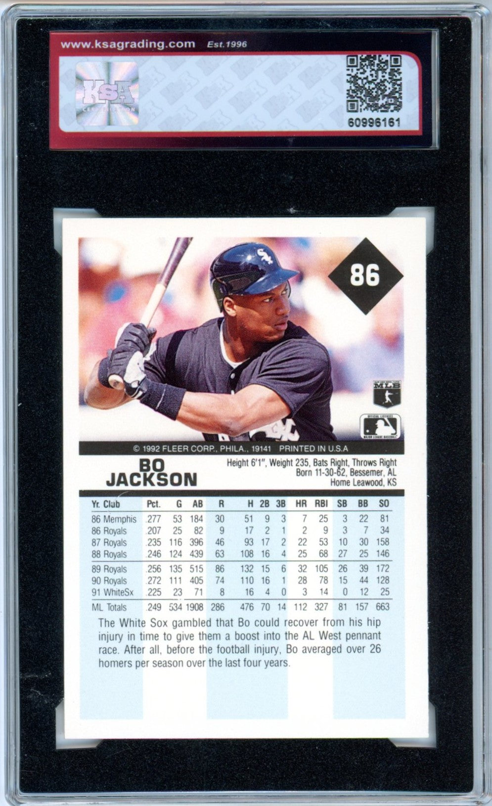 1992 Fleer Bo Jackson #86 Graded Baseball Card KSA 9