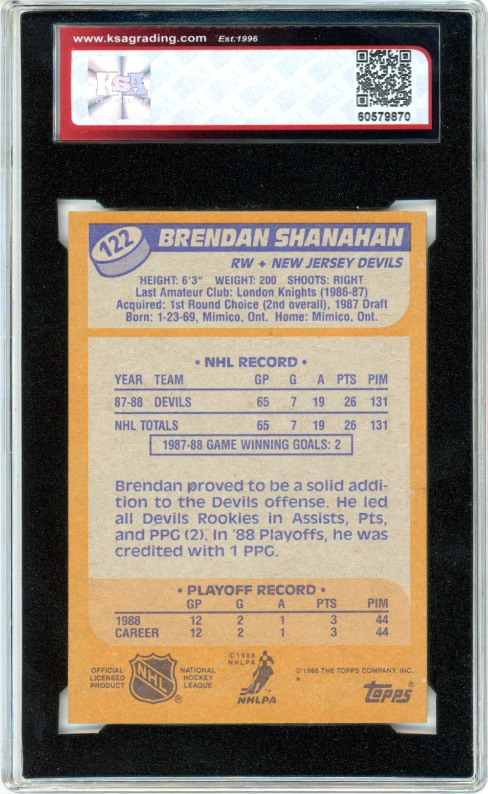 1988/89 Topps Brendan Shanahan #122 Graded Rookie Card KSA 7.5