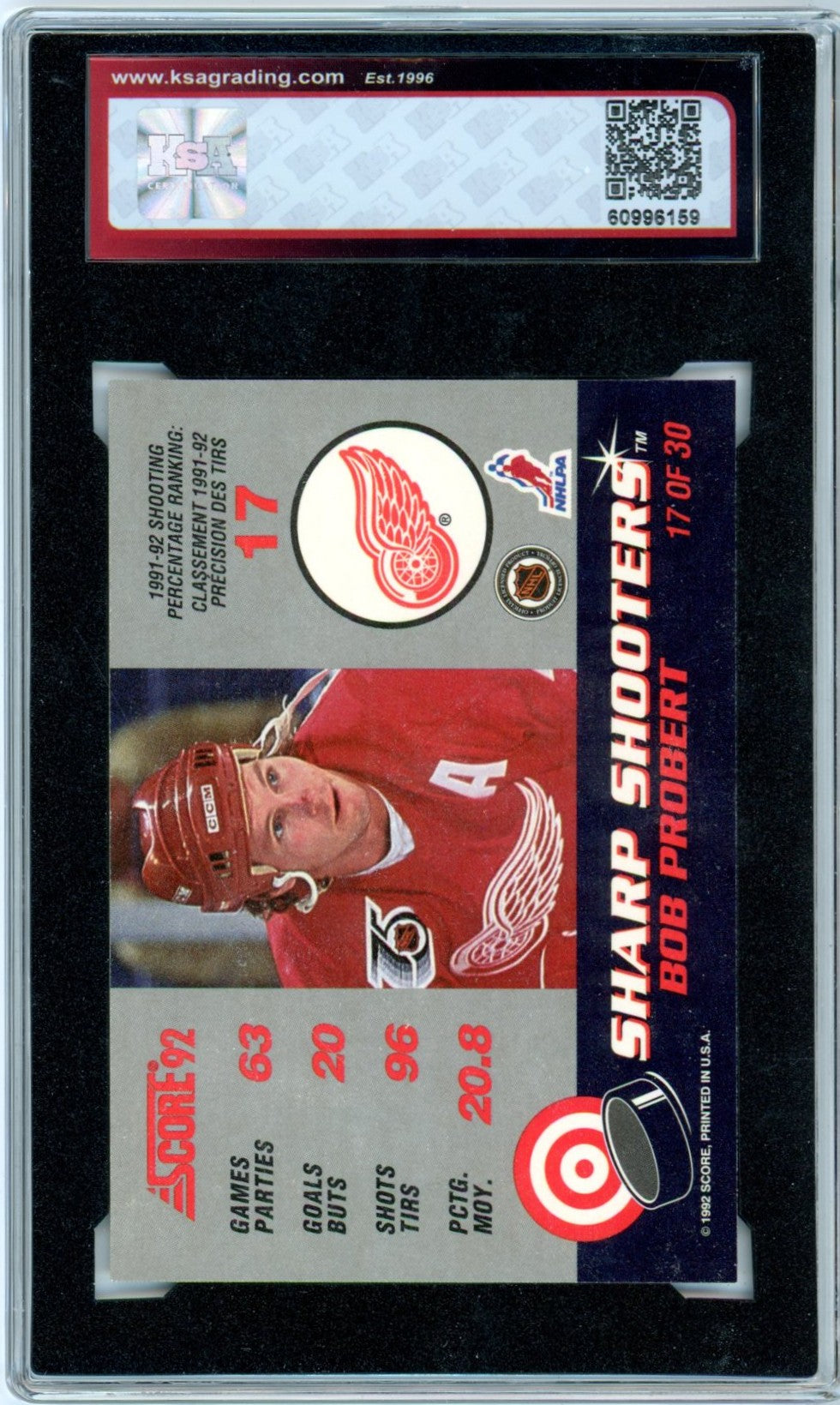 1992/93 Score Canadian Bob Probert Sharp Shooters #17 Graded Hockey Card KSA 9