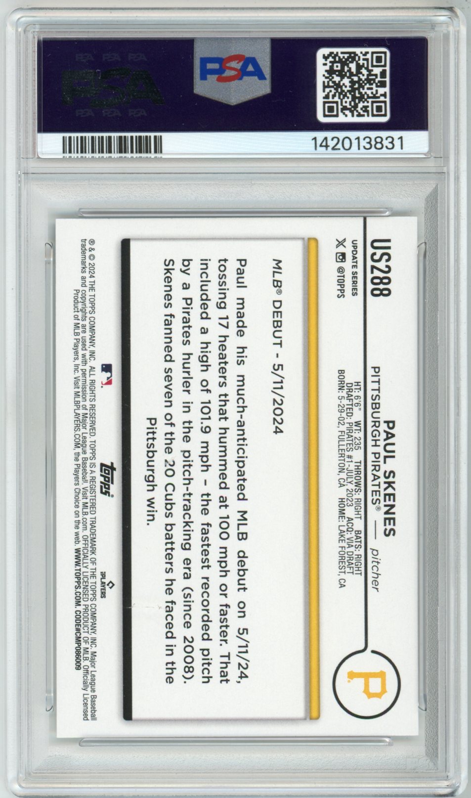 2024 Topps Update Paul Skenes Graded Rookie Card PSA 10