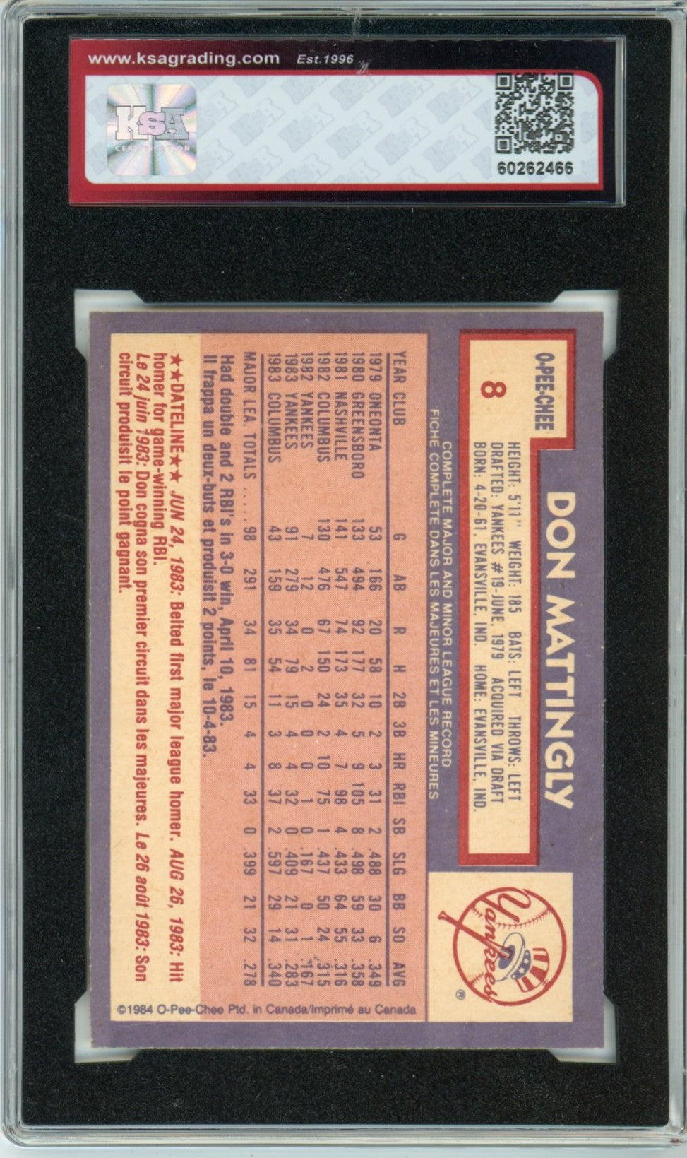 1984 OPC O-Pee-Chee Don Mattingly Graded Rookie Card #8 KSA 3