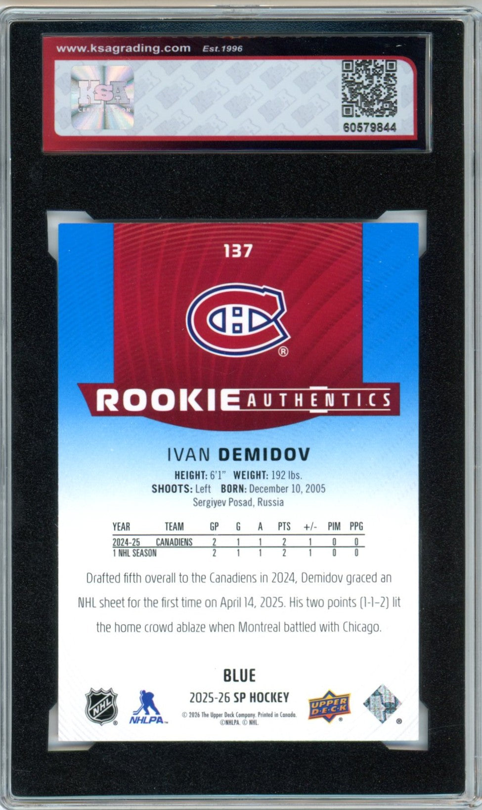 2025/26 Upper Deck SP Ivan Demidov #137 Graded Rookie Card KSA 9.5