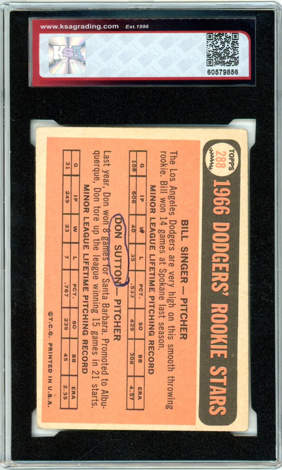1966 Topps Dodgers Rookie Stars Singer / Sutton Graded Rookie Card #288 KSA 1