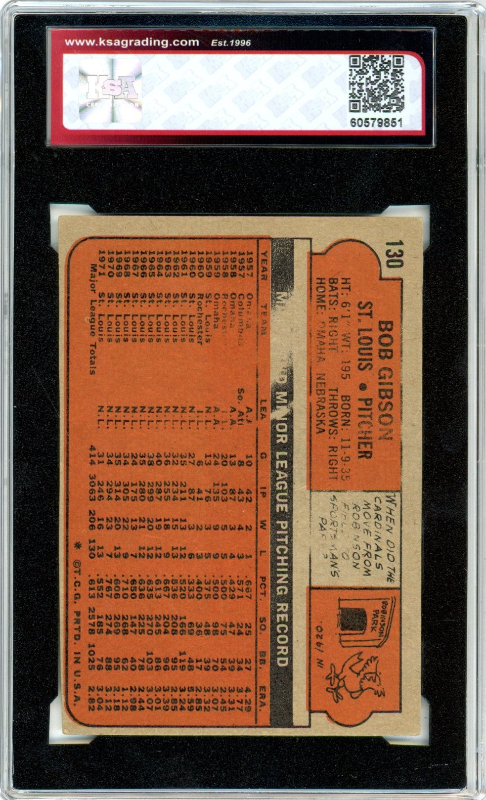 1972 Topps Bob Gibson #130 Graded Baseball Card KSA 3