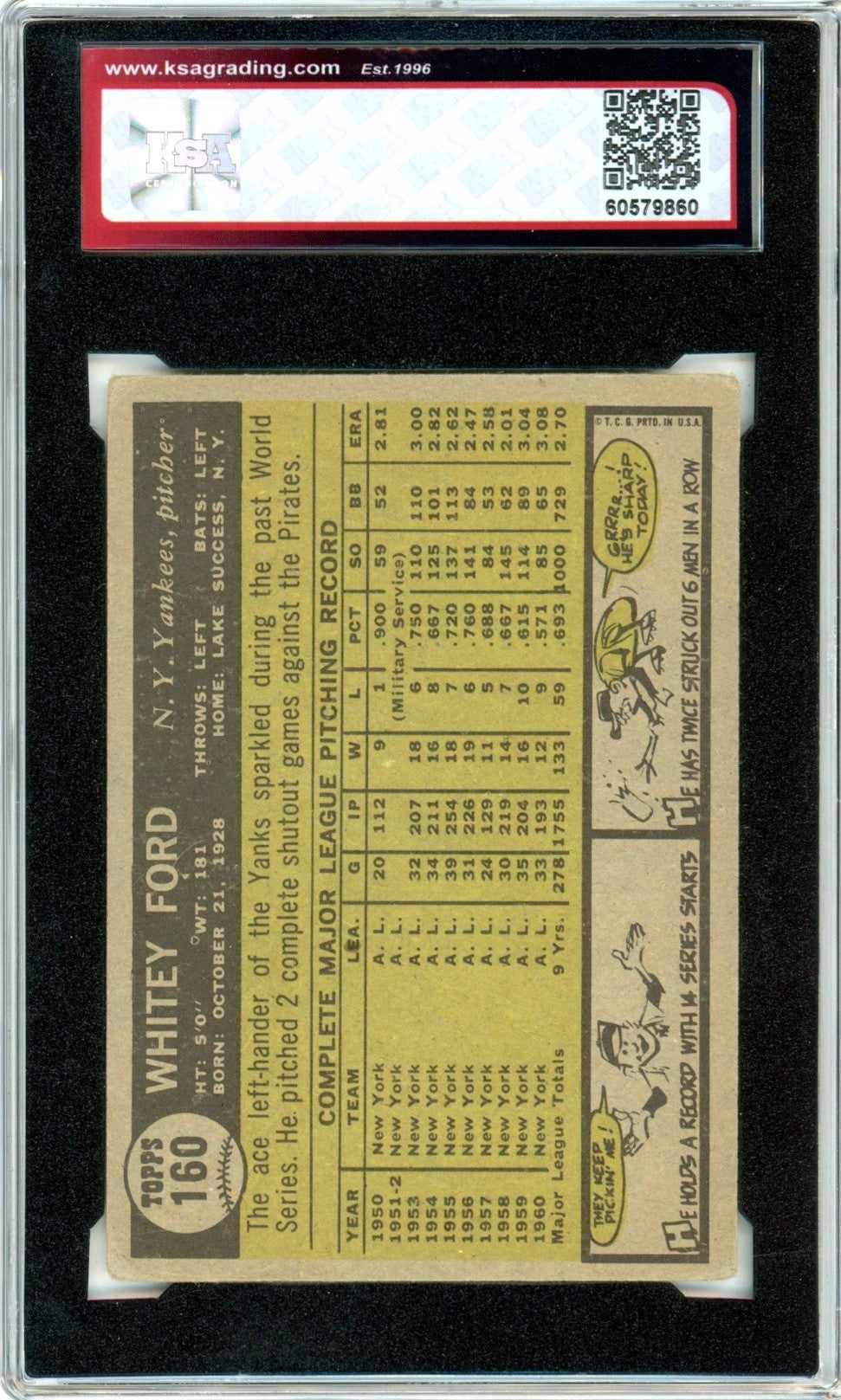 1961 Topps Whitey Ford #160 Graded Baseball Card KSA 3.5